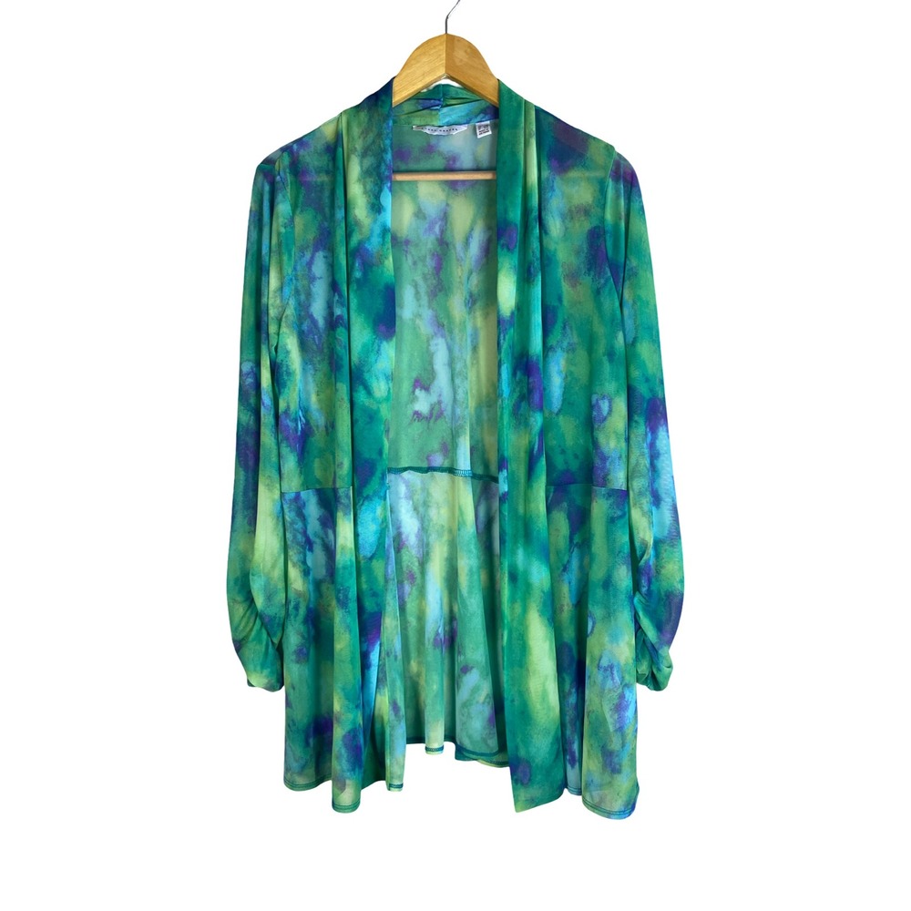 Susan Graver‎ Womens Green Blue Watercolor Tie Dye Mesh Open Front Cardigan LP